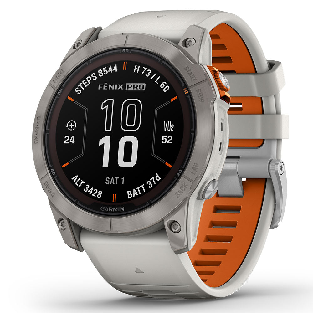 Garmin Fenix 7x Pro Sapphire Solar Premium Multisport GPS Smartwatch - 51mm Titanium with Fog Gray/Ember Orange Band  