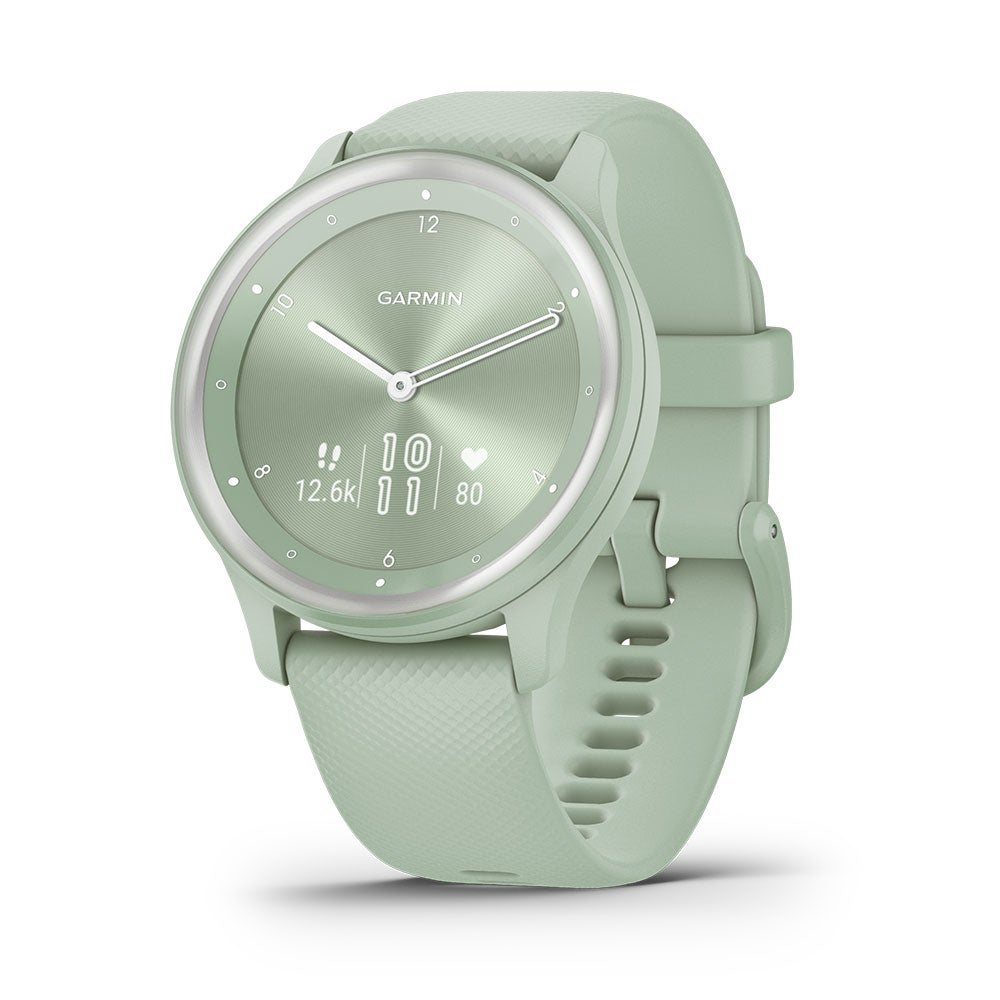 Garmin Vivomove Sport Hybrid Smartwatch Cool Mint Case and Silicone Band with Silver Accents  